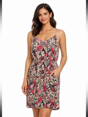 GAP Abstract Floral Print Spaghetti Strap Dress in Pink, Black & Cream